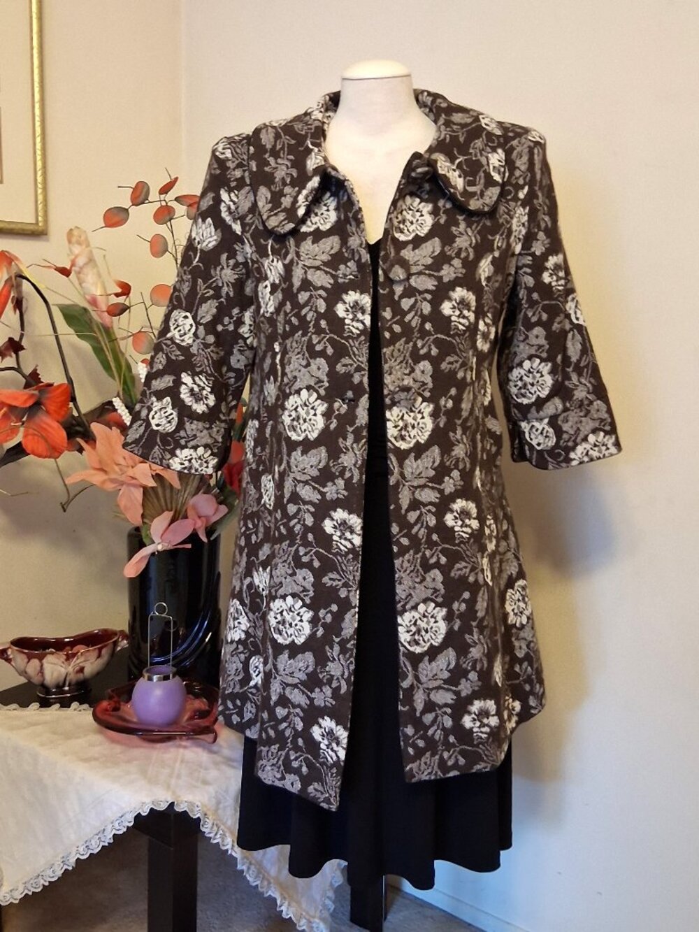 Elegant Floral Pea Coat Lined 100% Cotton Trench Coat Warm Peacoat Outerwear XL